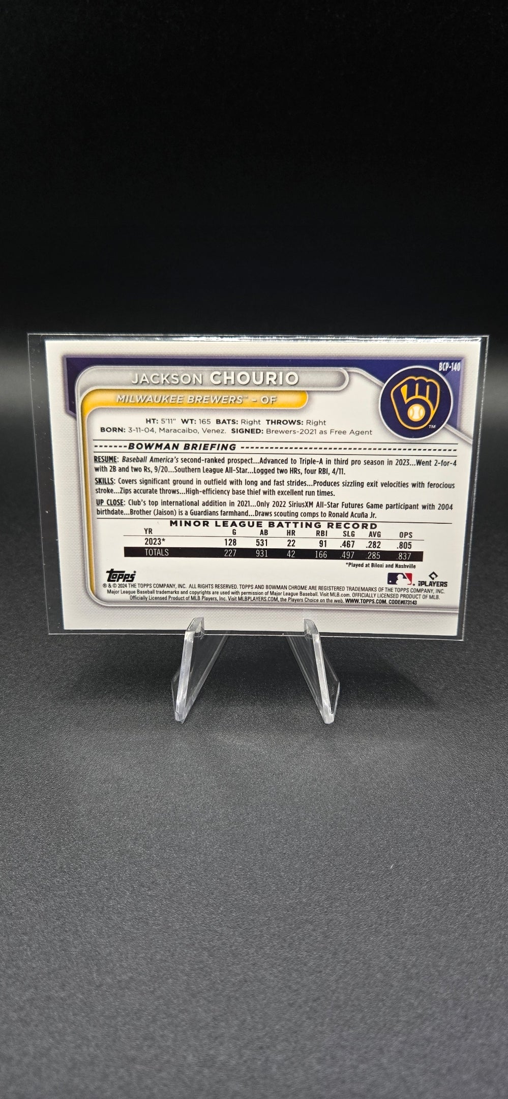 2024 Bowman Chrome Mojo Refractor + Base #BCP-140 Jackson Chourio RC Brewers