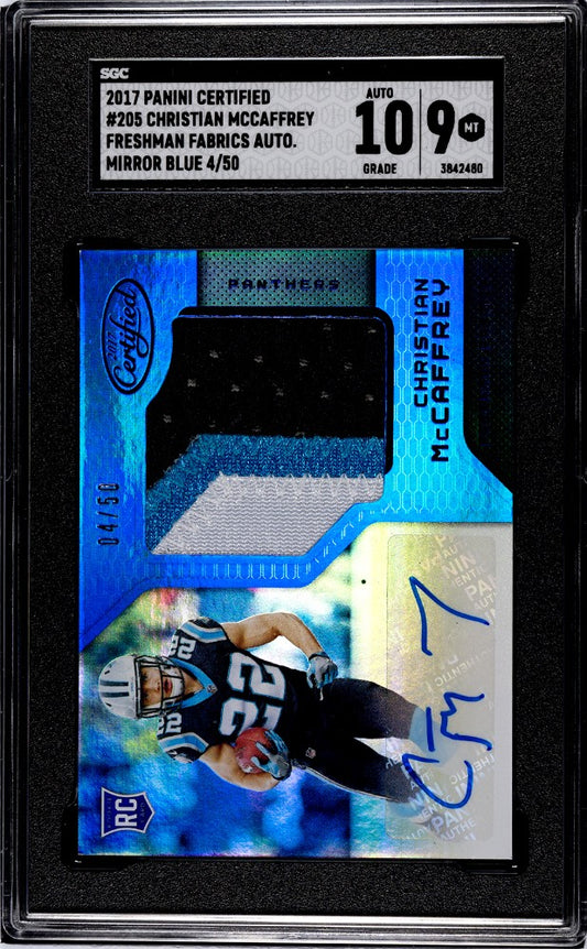 2017 Certified Christian McCaffrey Freshman Fabrics Auto RC Mirror Blue 04/50 #205