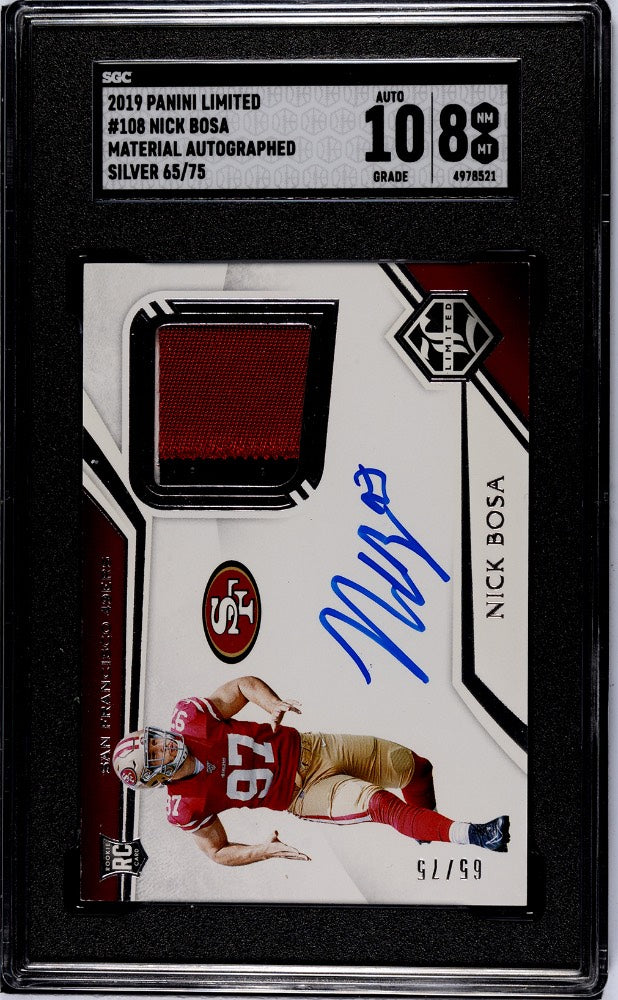 2019 Panini Limited #108 Nick Bosa Material Autographed Silver 65/75 RPA